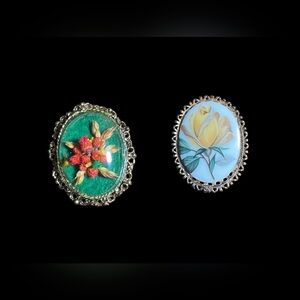 Vintage Yellow Rose ceramic and Vintage dried flowers dome brooch